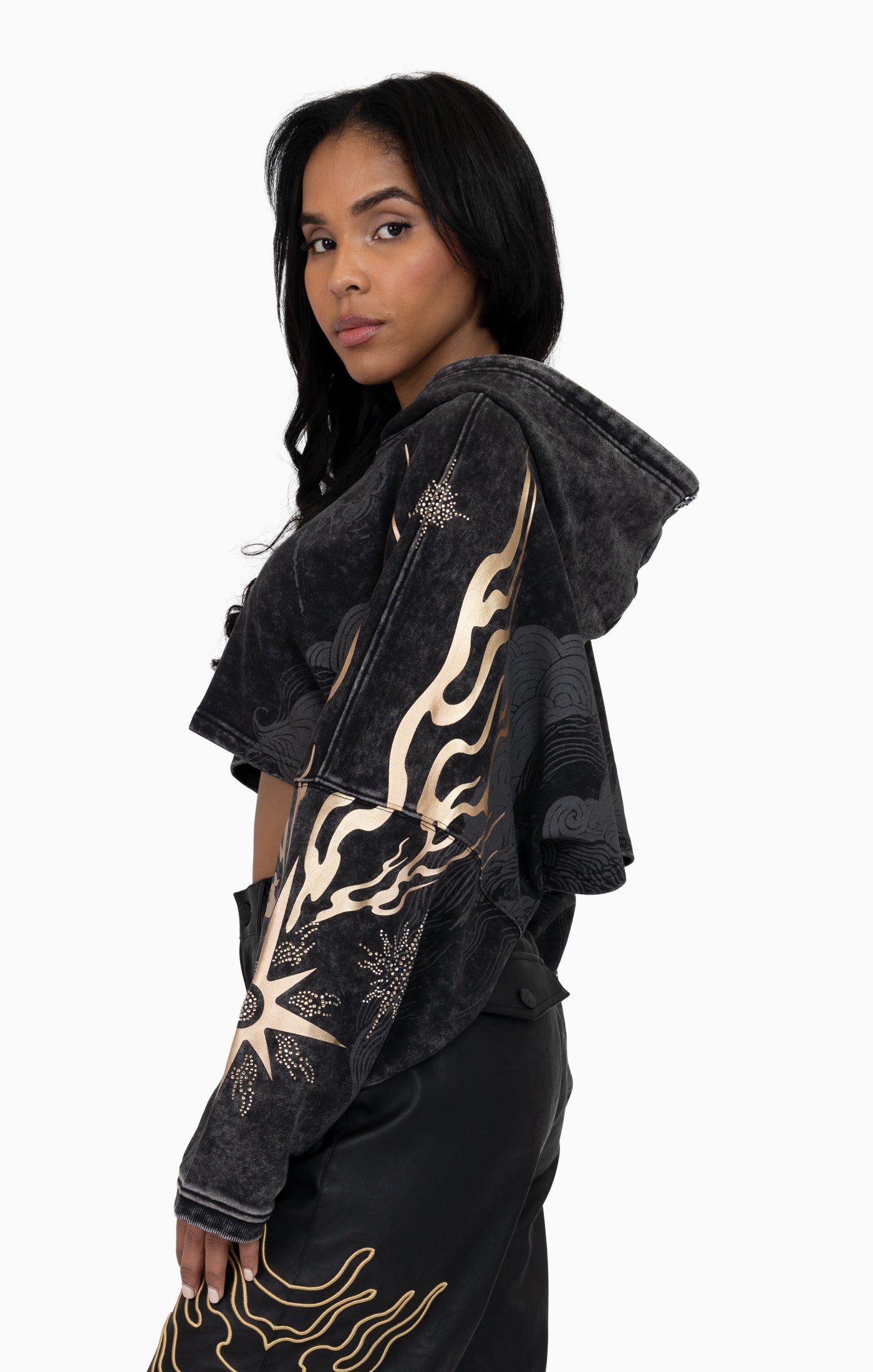 Foil Printed Embellished Hooded Tee - Black