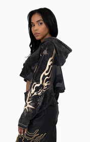 Foil Printed Embellished Hooded Tee - Black