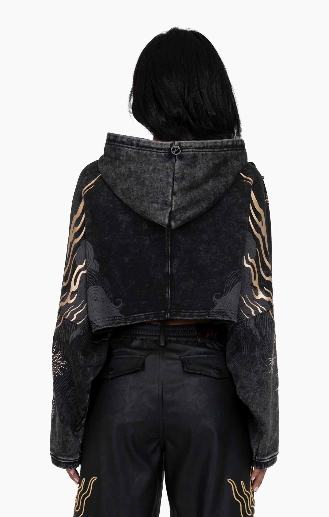 Foil Printed Embellished Hooded Tee - Black