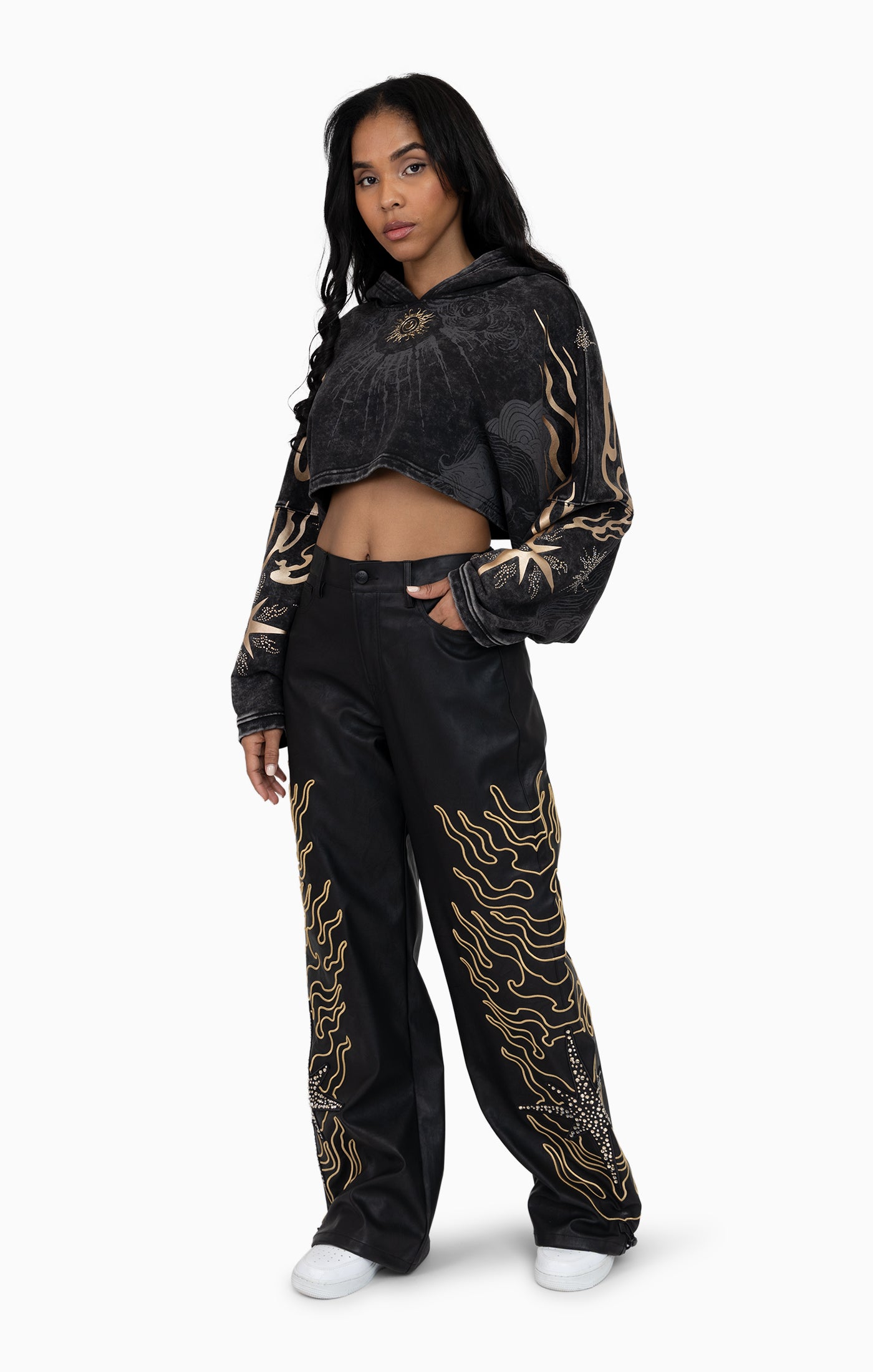 Foil Printed Embellished Hooded Tee - Black