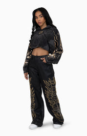 Foil Printed Embellished Hooded Tee - Black
