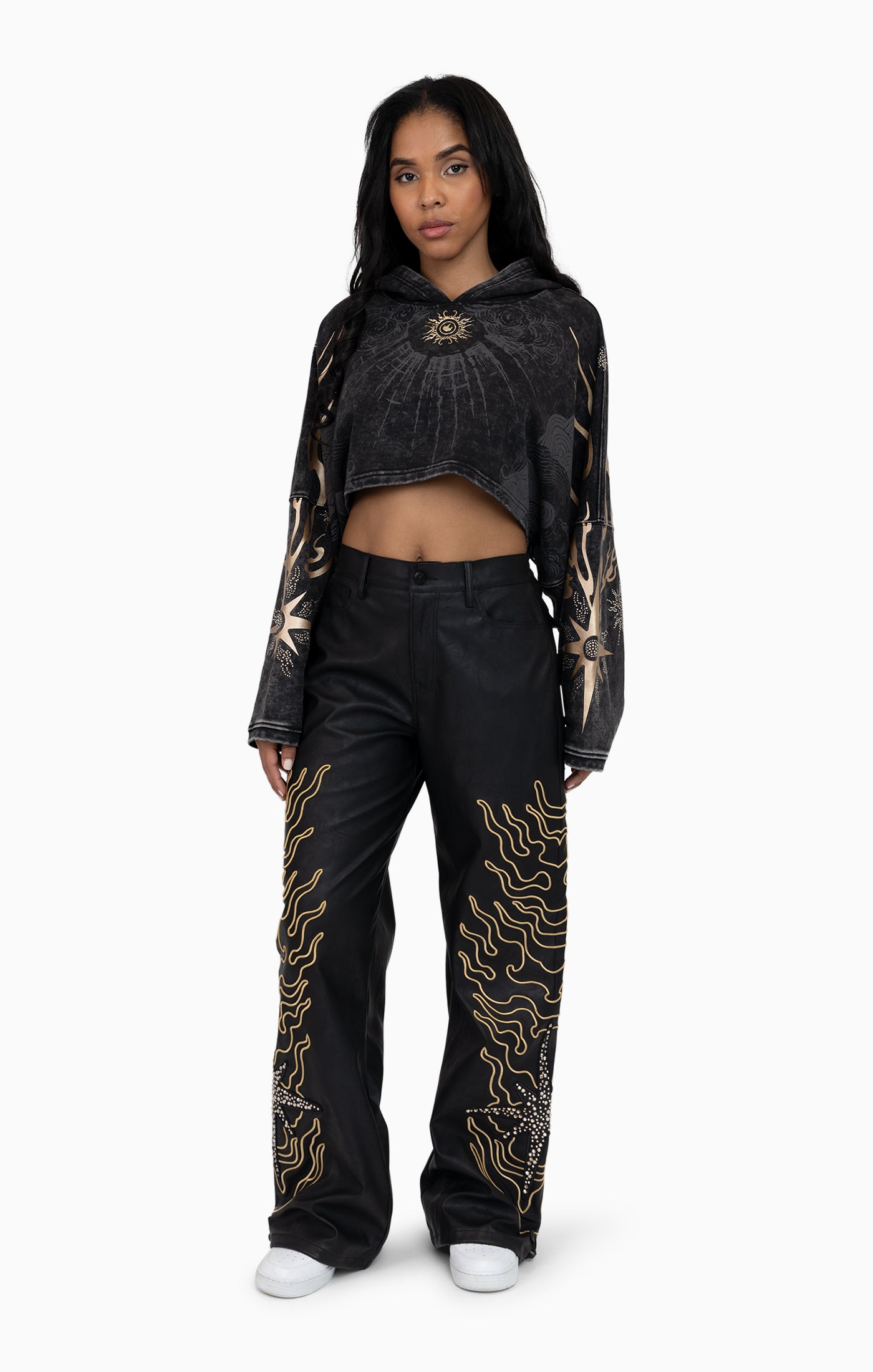 Foil Printed Embellished Hooded Tee - Black