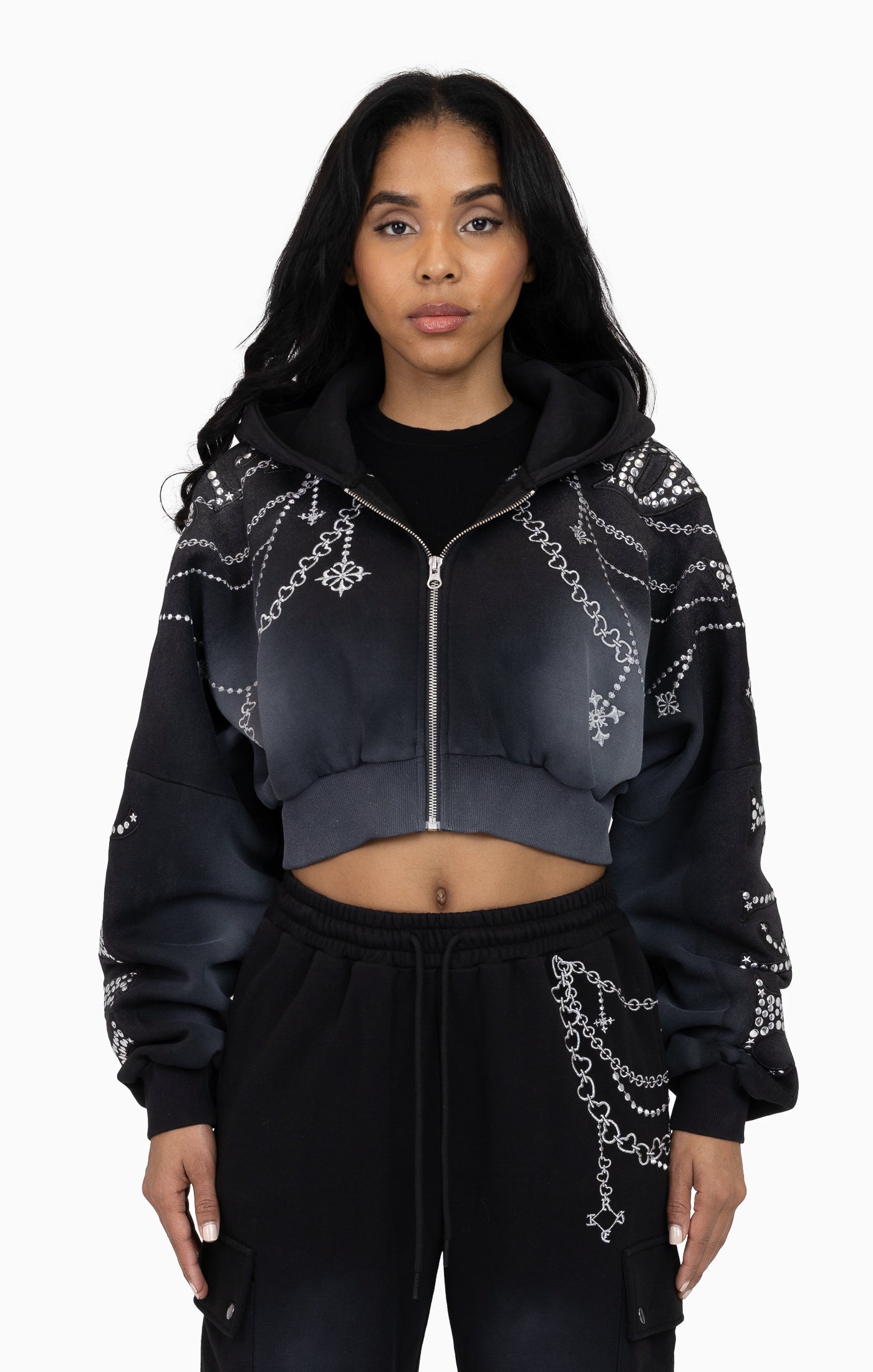 Metallic Embroidered Studded Hoodie - Black