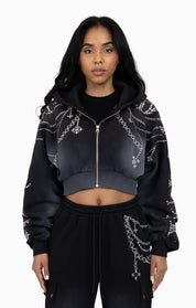 Metallic Embroidered Studded Hoodie - Black