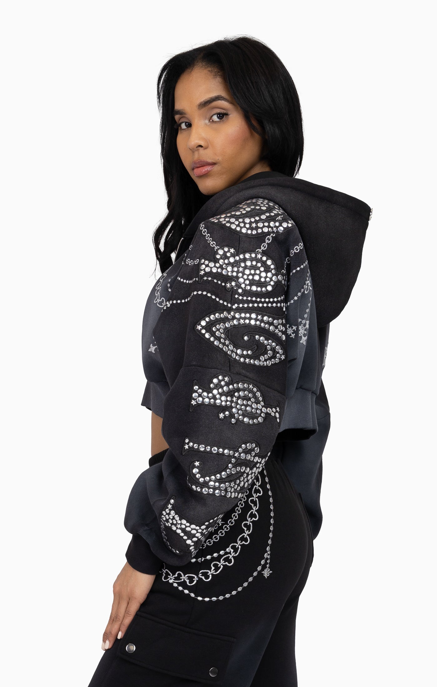 Metallic Embroidered Studded Hoodie - Black