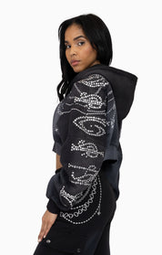 Metallic Embroidered Studded Hoodie - Black