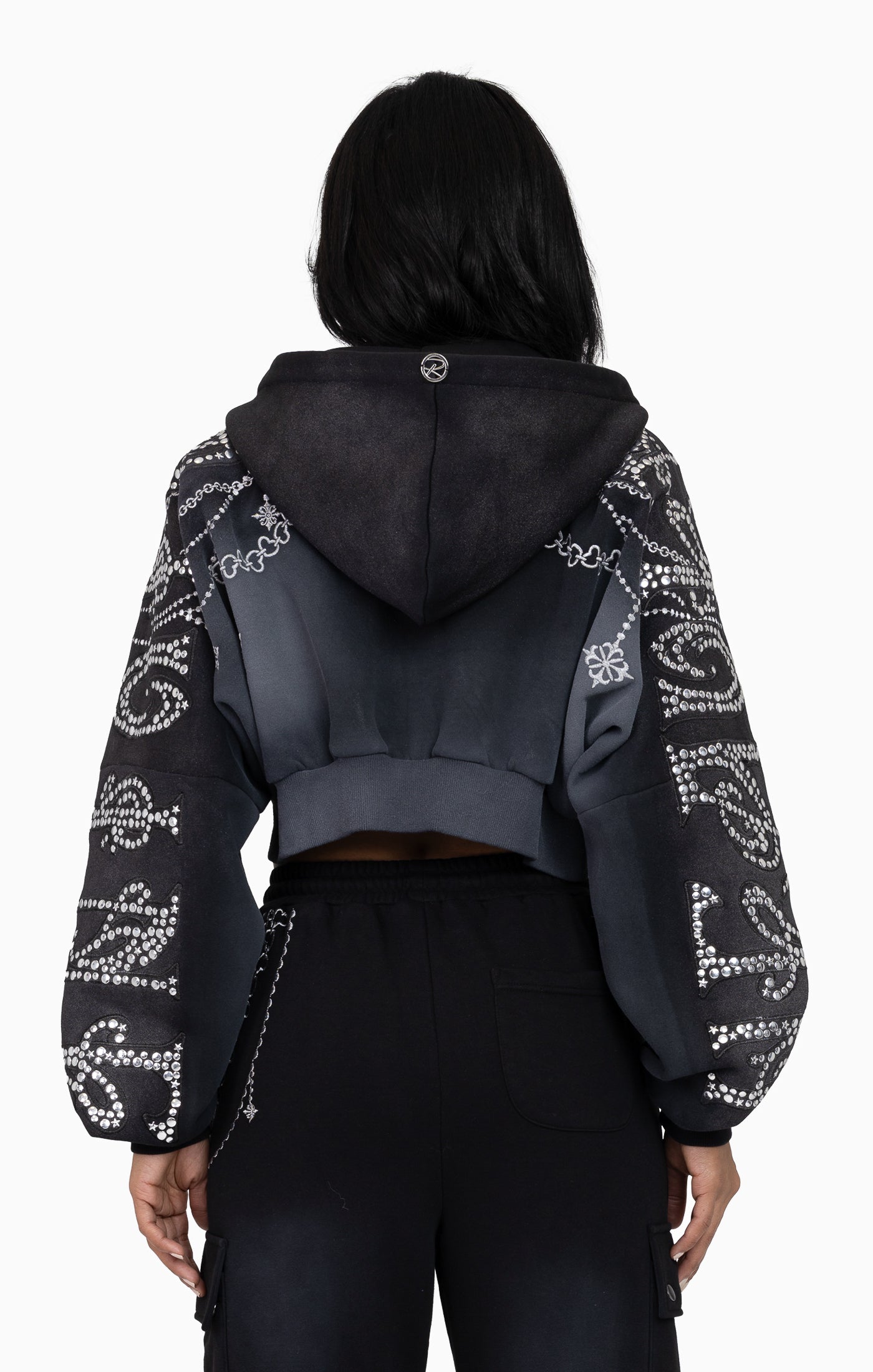 Metallic Embroidered Studded Hoodie - Black
