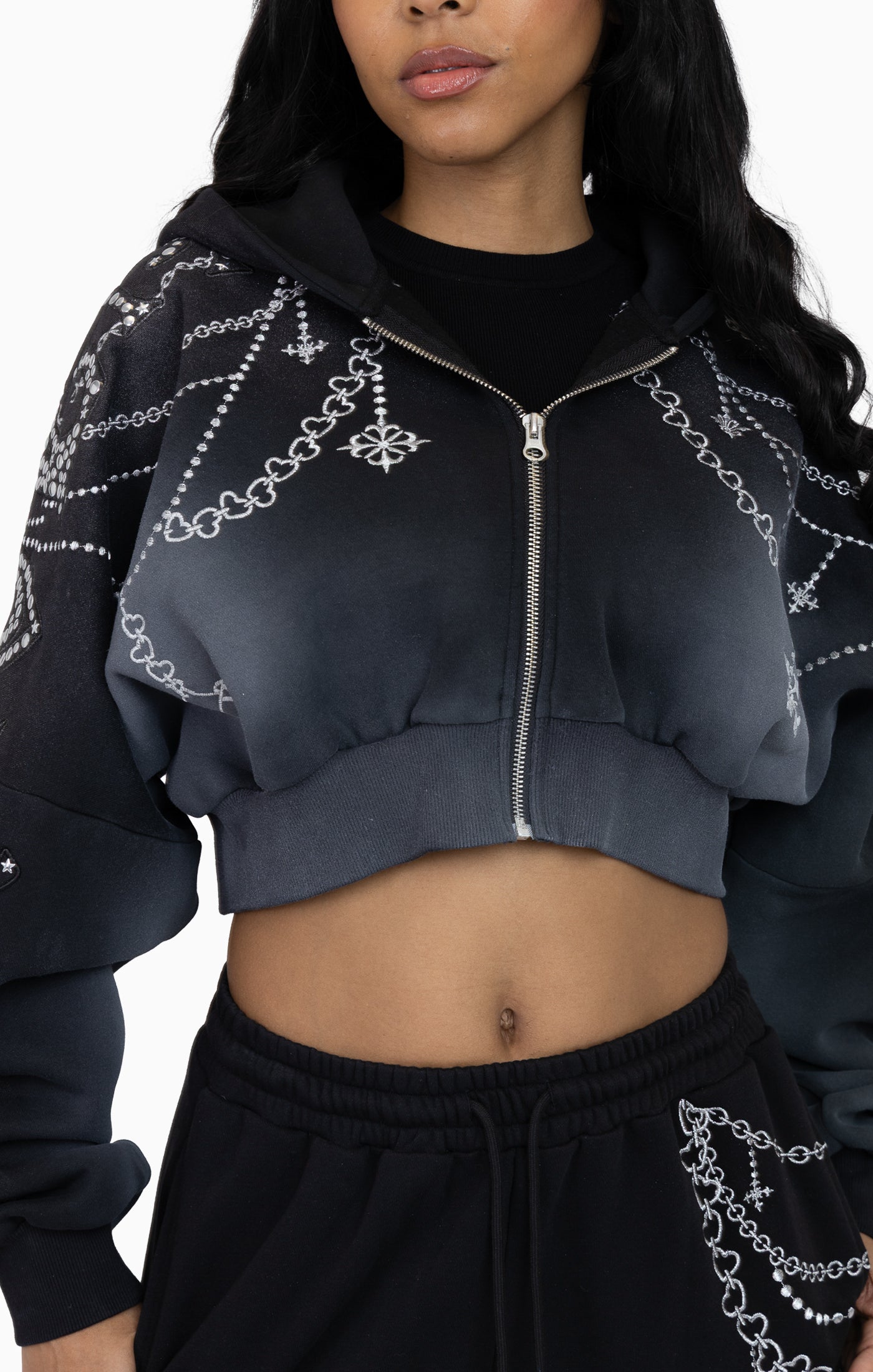 Metallic Embroidered Studded Hoodie - Black