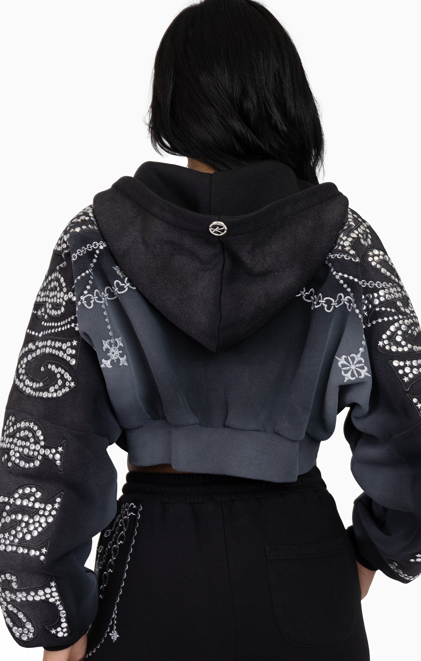 Metallic Embroidered Studded Hoodie - Black