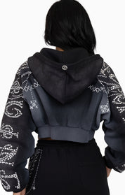 Metallic Embroidered Studded Hoodie - Black