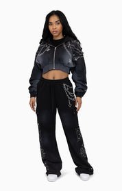 Metallic Embroidered Studded Hoodie - Black