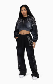 Metallic Embroidered Studded Hoodie - Black