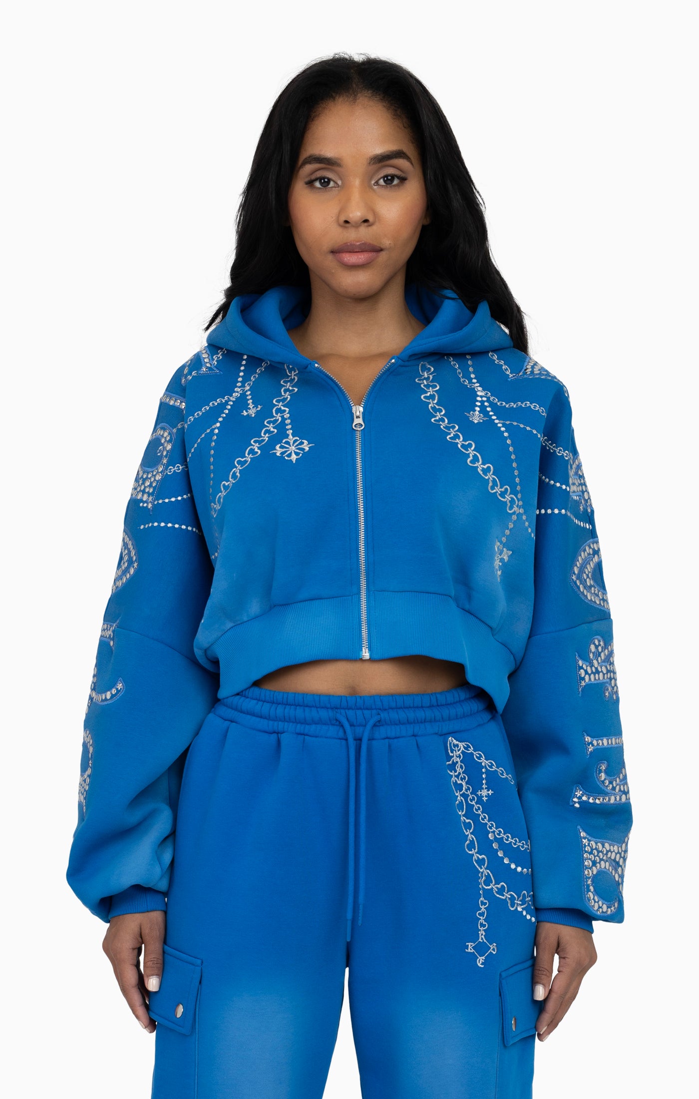 Metallic Embroidered Studded Hoodie - Sky Diver
