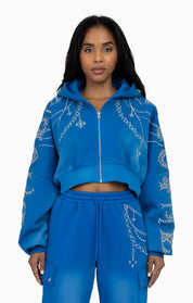 Metallic Embroidered Studded Hoodie - Sky Diver