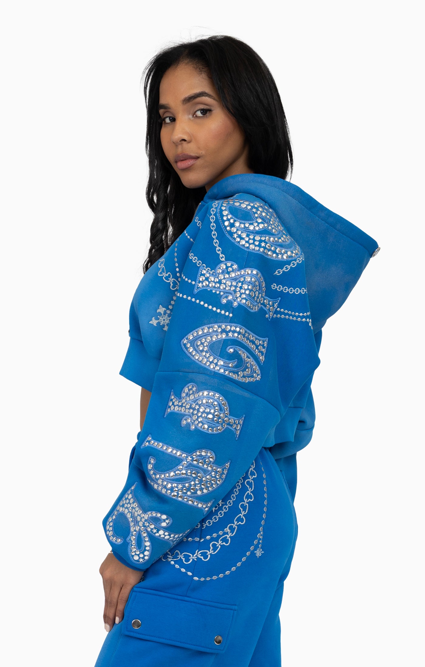 Metallic Embroidered Studded Hoodie - Sky Diver