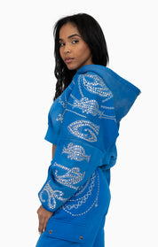 Metallic Embroidered Studded Hoodie - Sky Diver