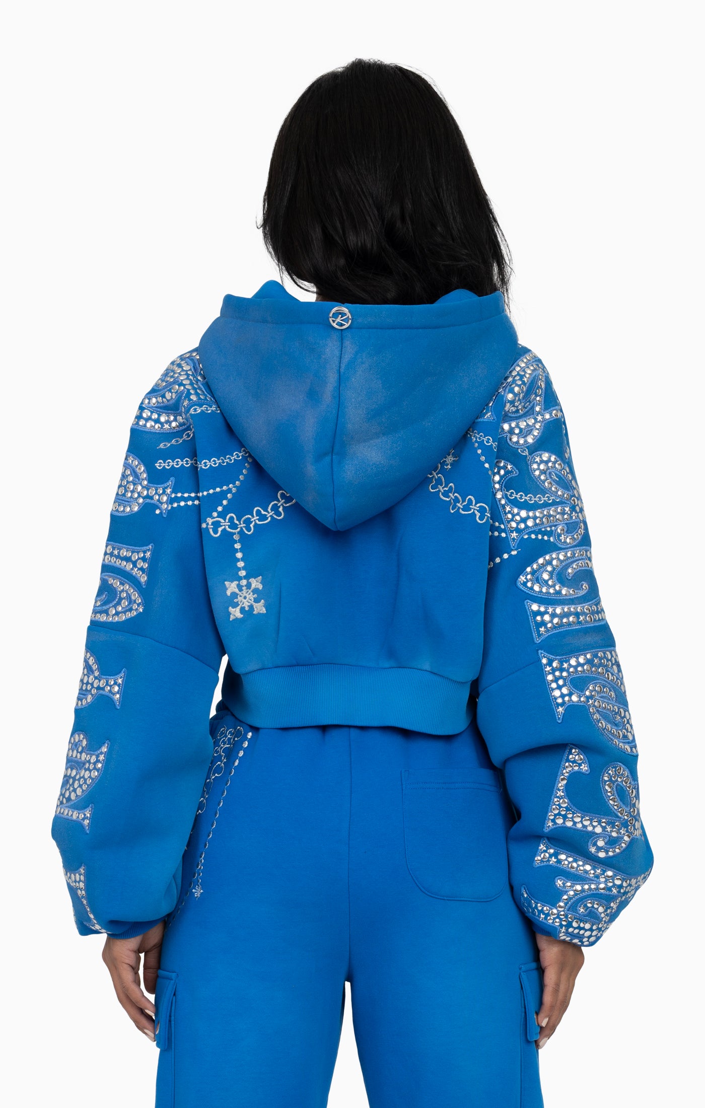Metallic Embroidered Studded Hoodie - Sky Diver