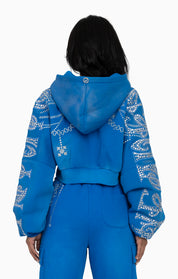 Metallic Embroidered Studded Hoodie - Sky Diver