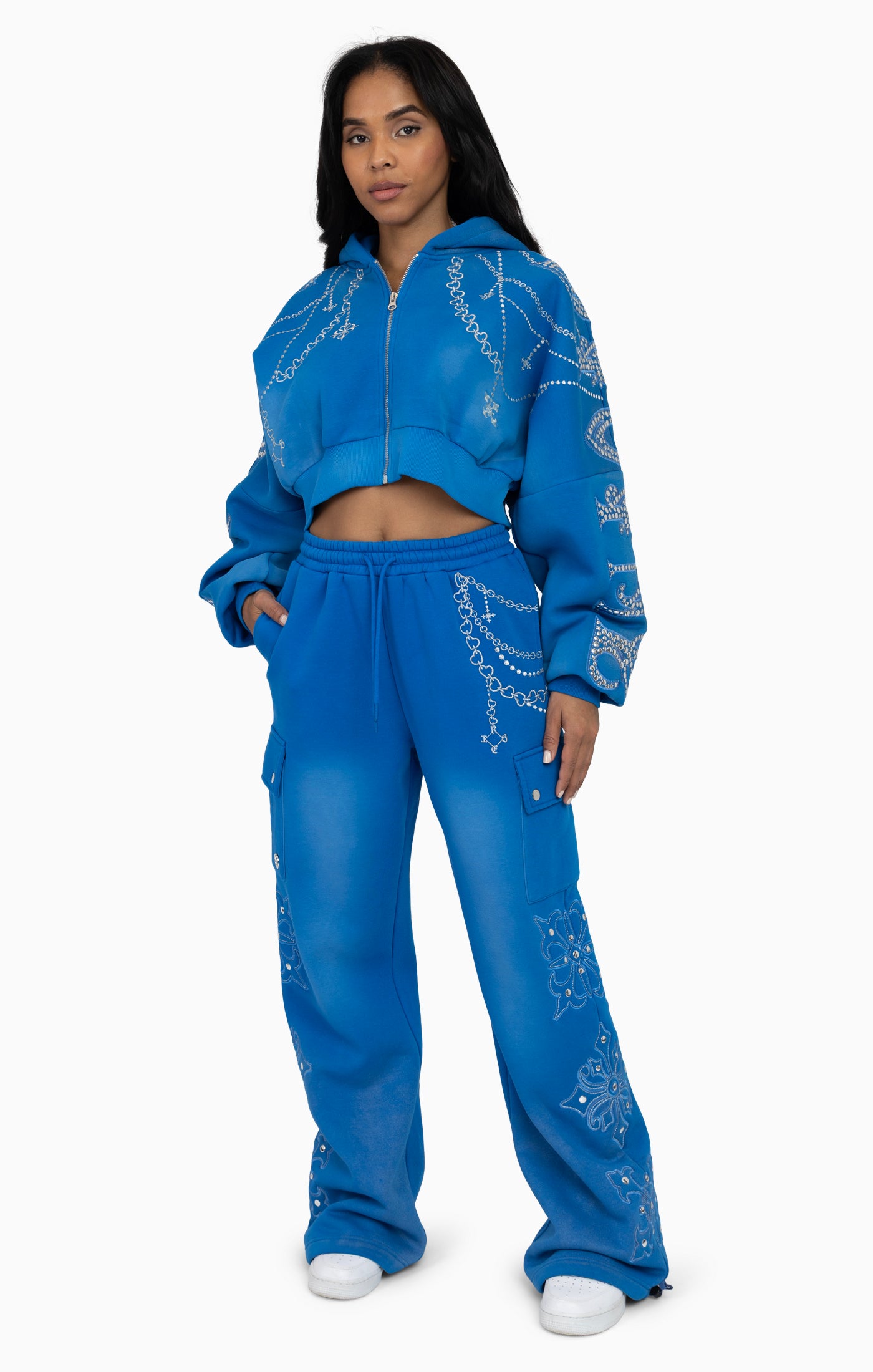 Metallic Embroidered Studded Hoodie - Sky Diver