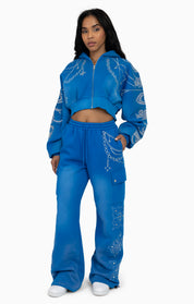 Metallic Embroidered Studded Hoodie - Sky Diver