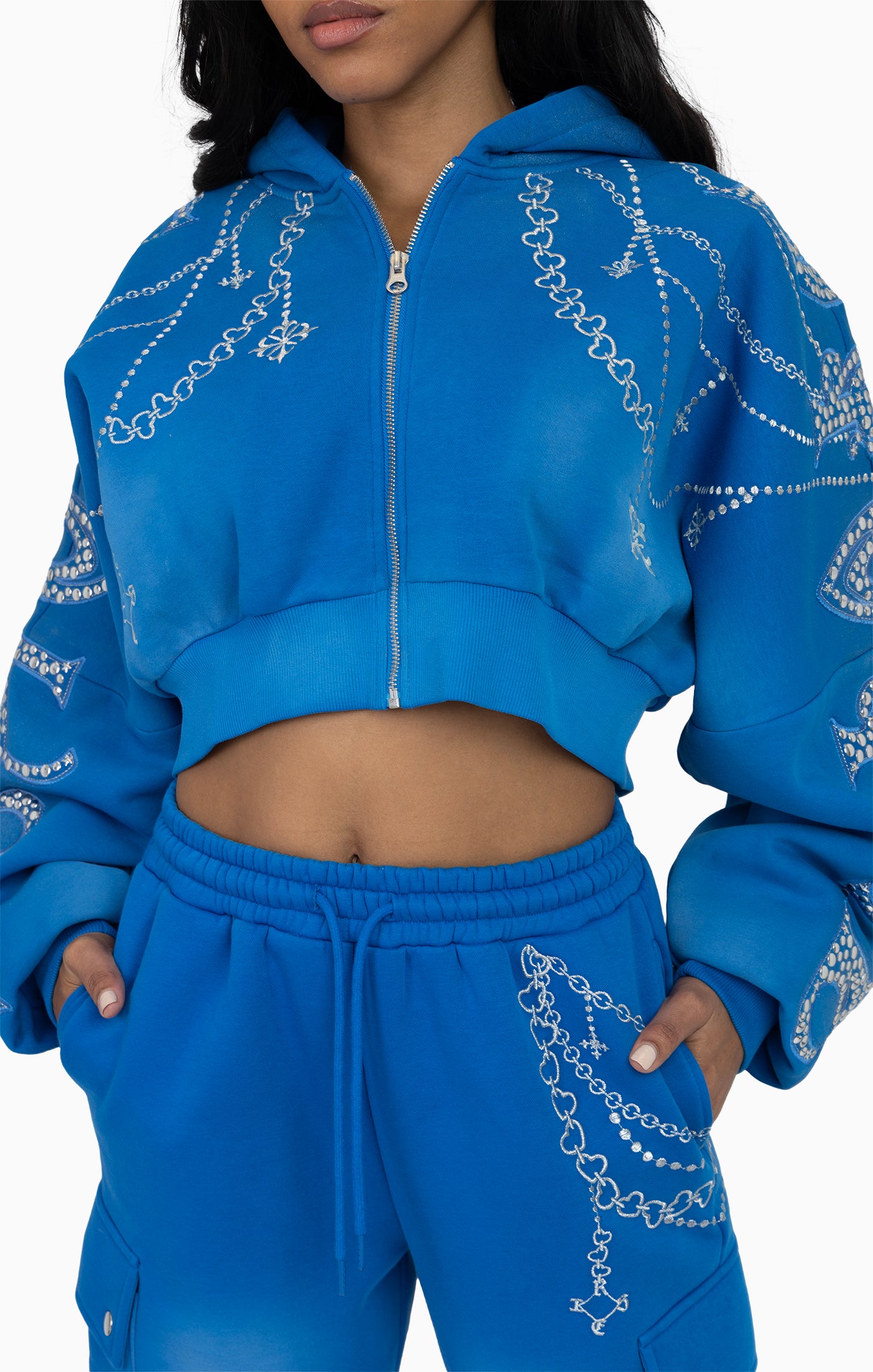 Metallic Embroidered Studded Hoodie - Sky Diver