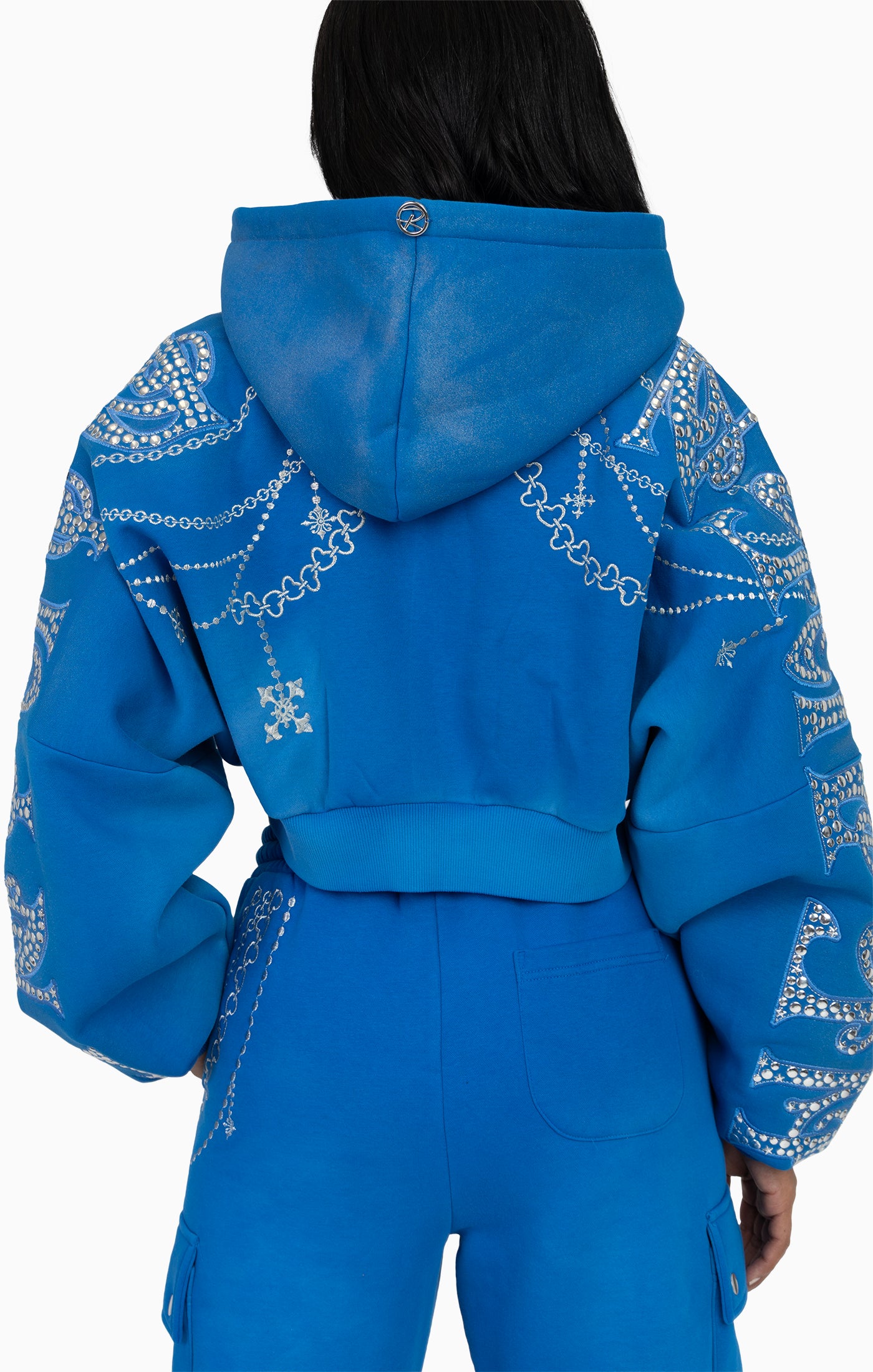Metallic Embroidered Studded Hoodie - Sky Diver