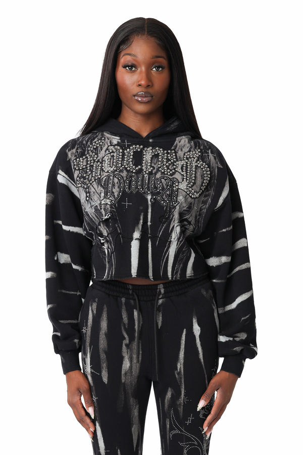 Distressed Rhinestone Hoodie - Black
