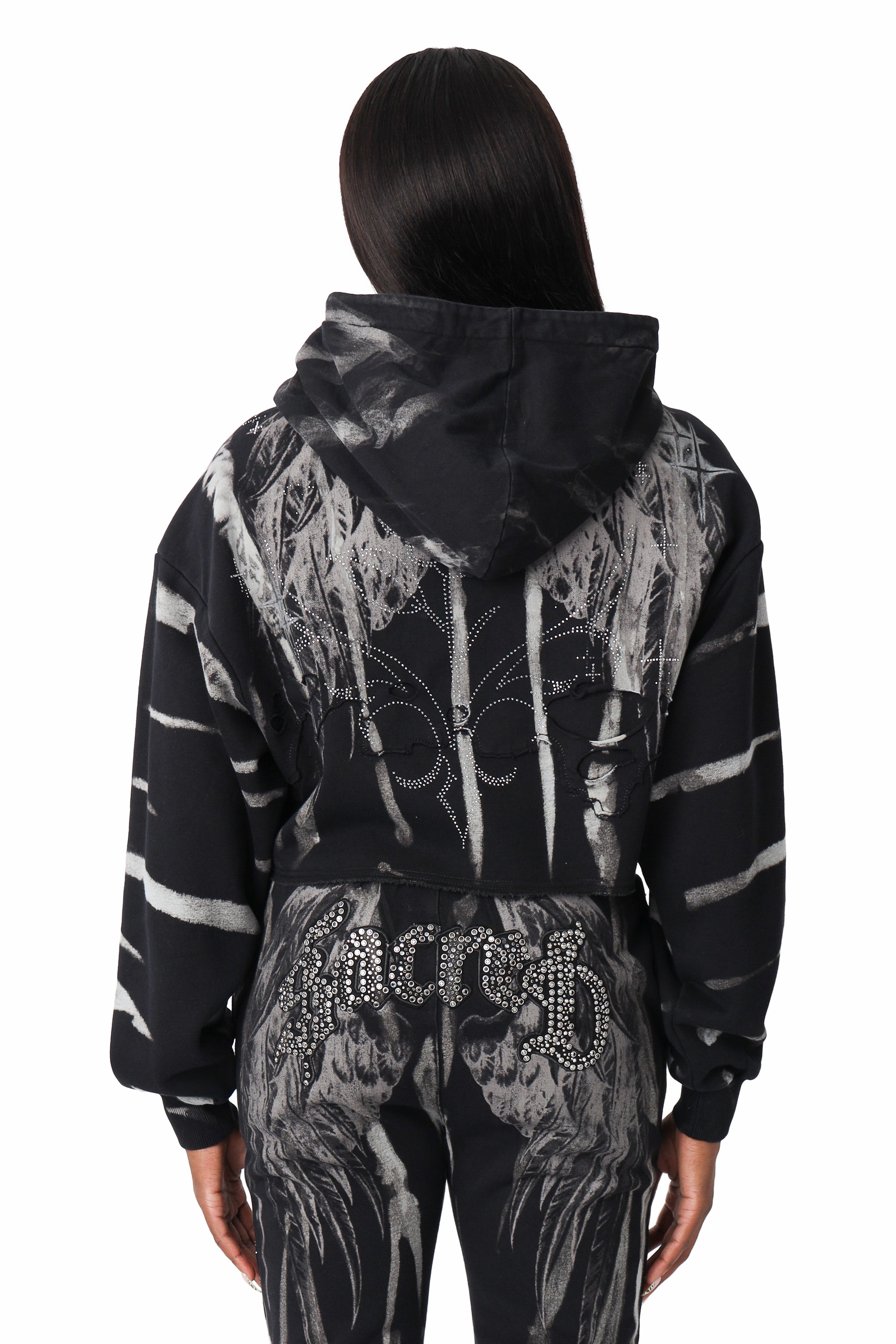 Distressed Rhinestone Hoodie - Black
