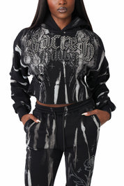 Distressed Rhinestone Hoodie - Black