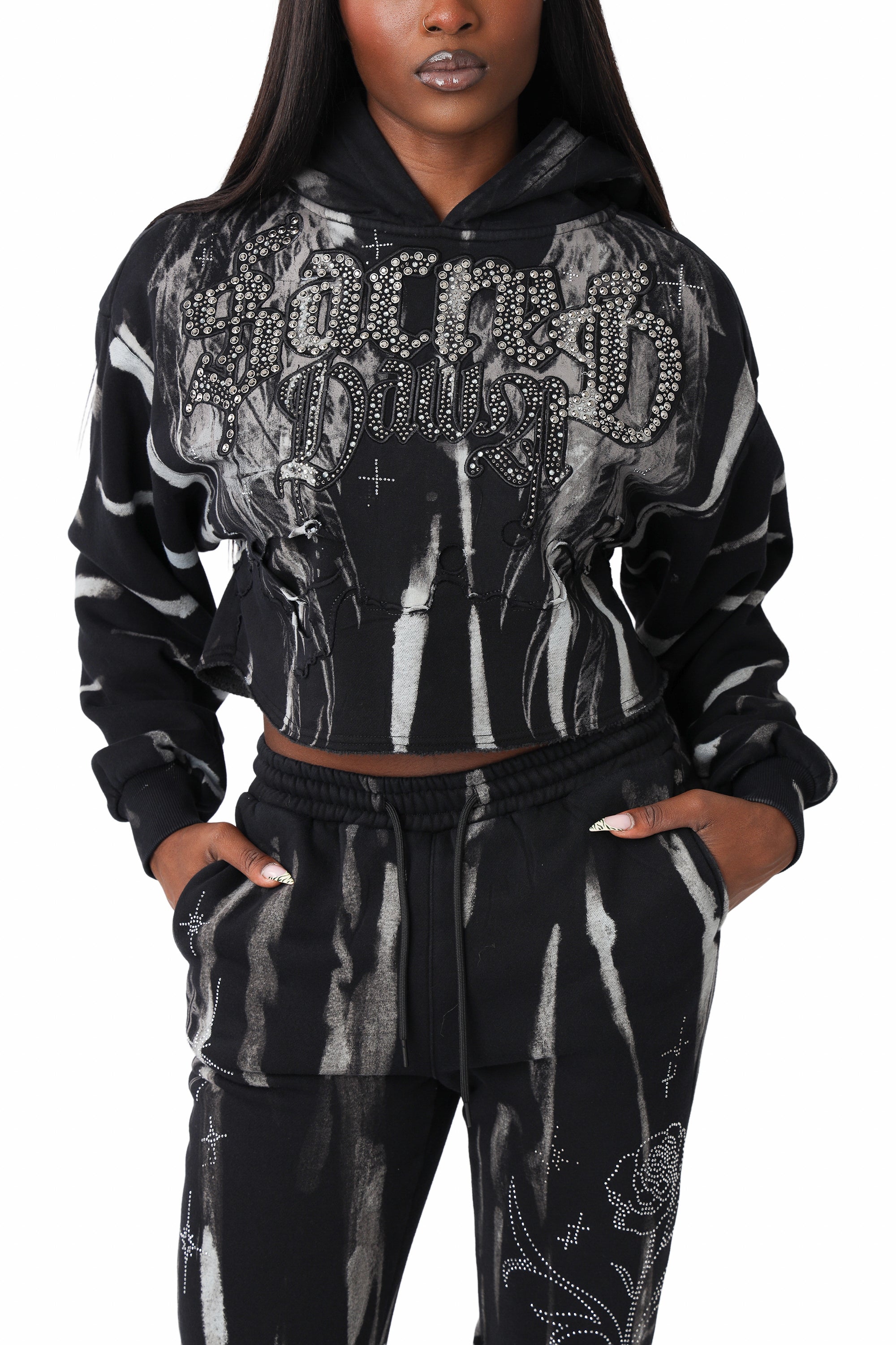Distressed Rhinestone Hoodie - Black