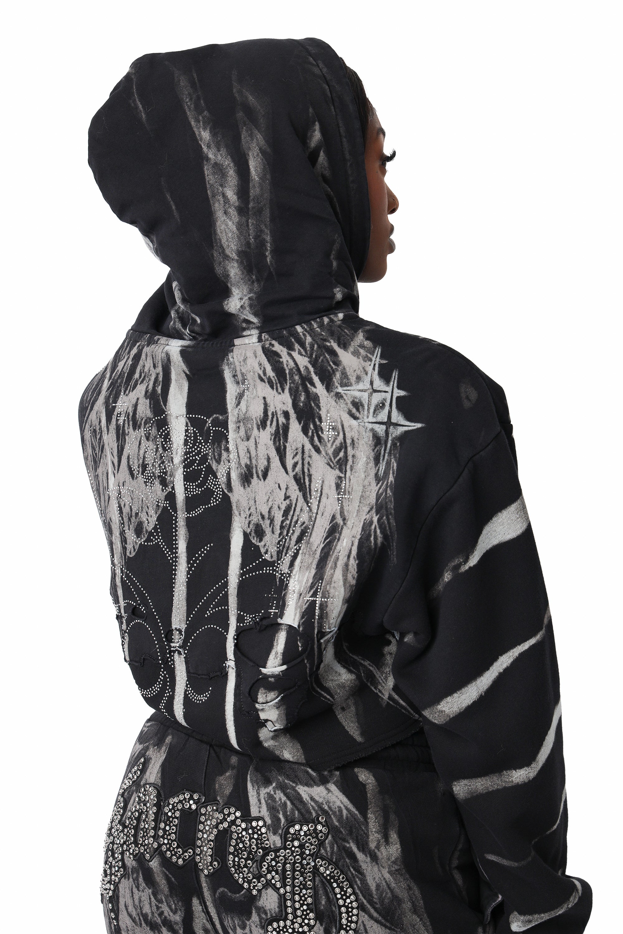 Distressed Rhinestone Hoodie - Black