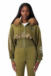 Faux Fur Contrast Stitch Hoodie - Avocado