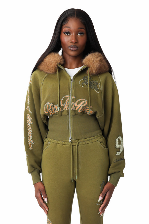 Faux Fur Contrast Stitch Hoodie - Avocado