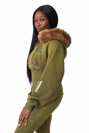 Faux Fur Contrast Stitch Hoodie - Avocado