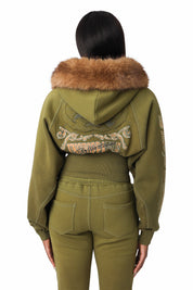 Faux Fur Contrast Stitch Hoodie - Avocado