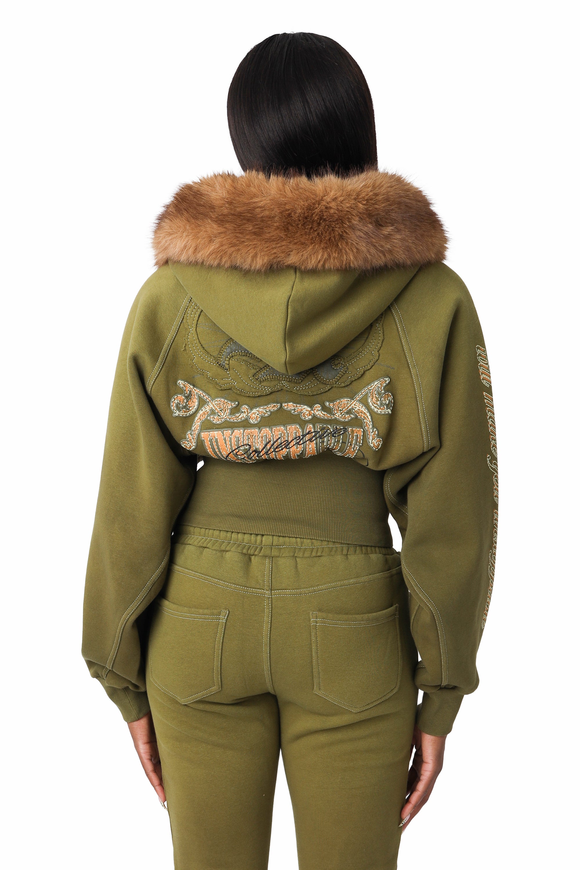 Faux Fur Contrast Stitch Hoodie - Avocado