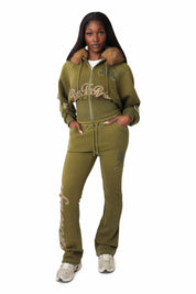 Faux Fur Contrast Stitch Hoodie - Avocado
