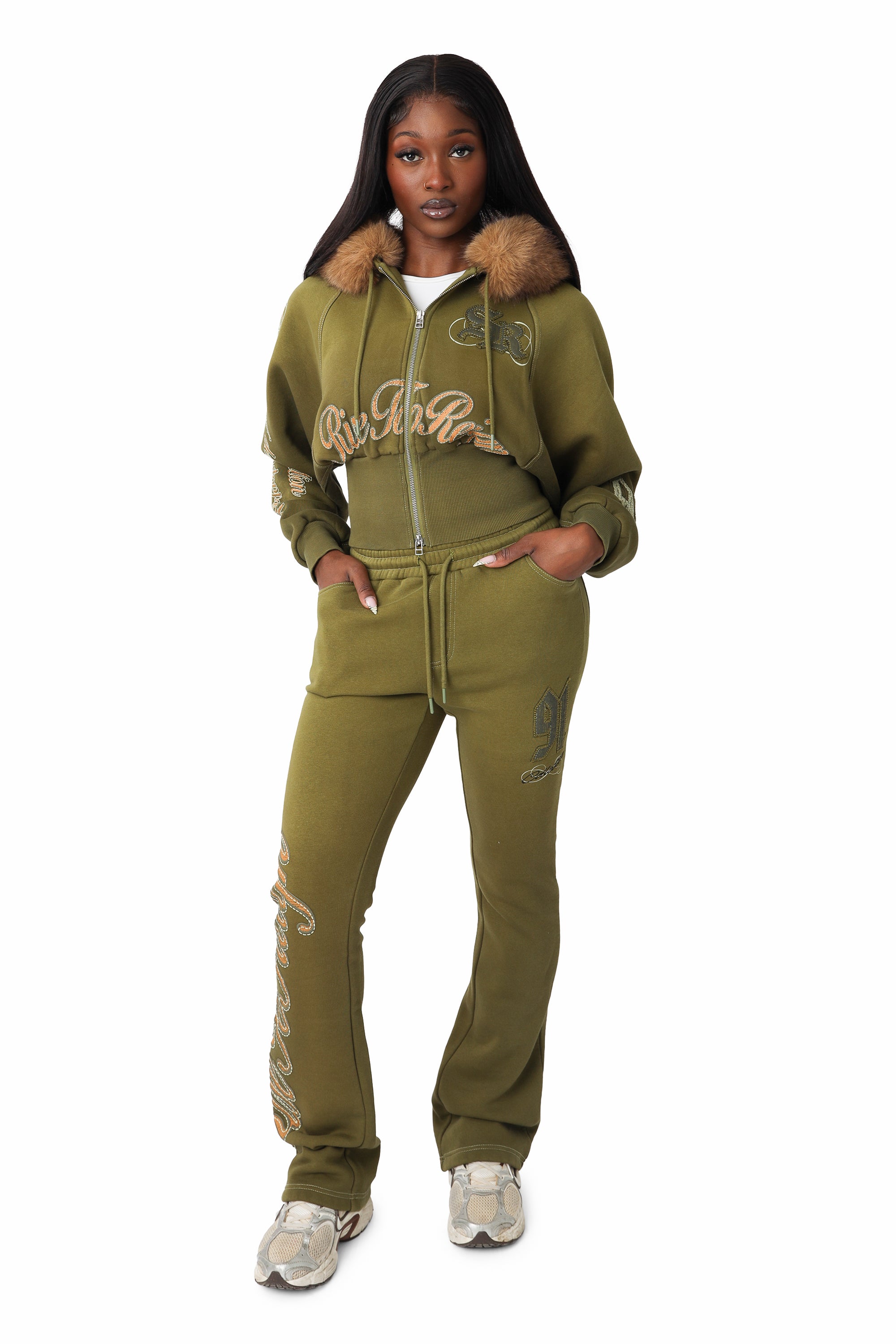 Faux Fur Contrast Stitch Hoodie - Avocado