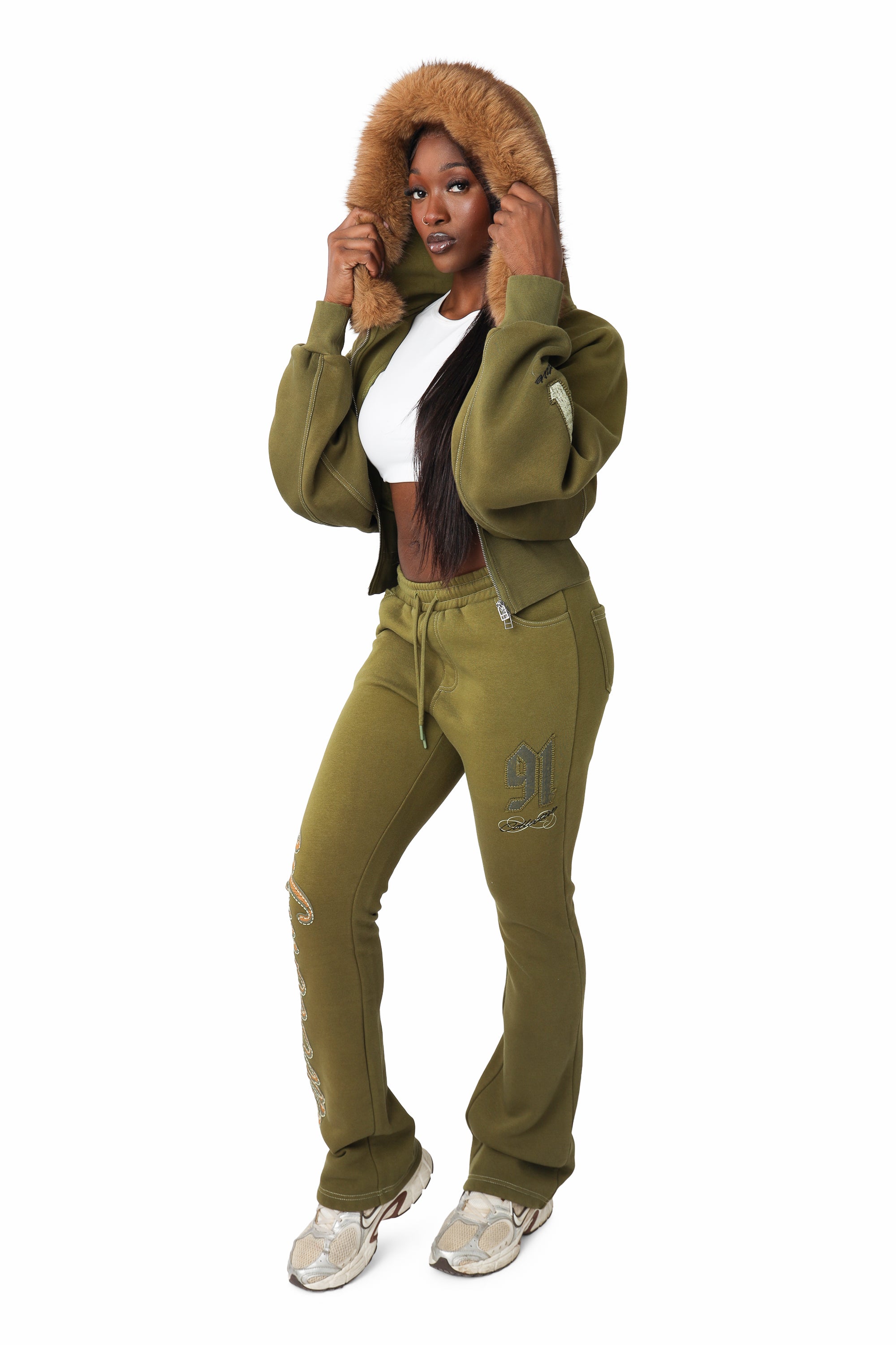 Faux Fur Contrast Stitch Hoodie - Avocado