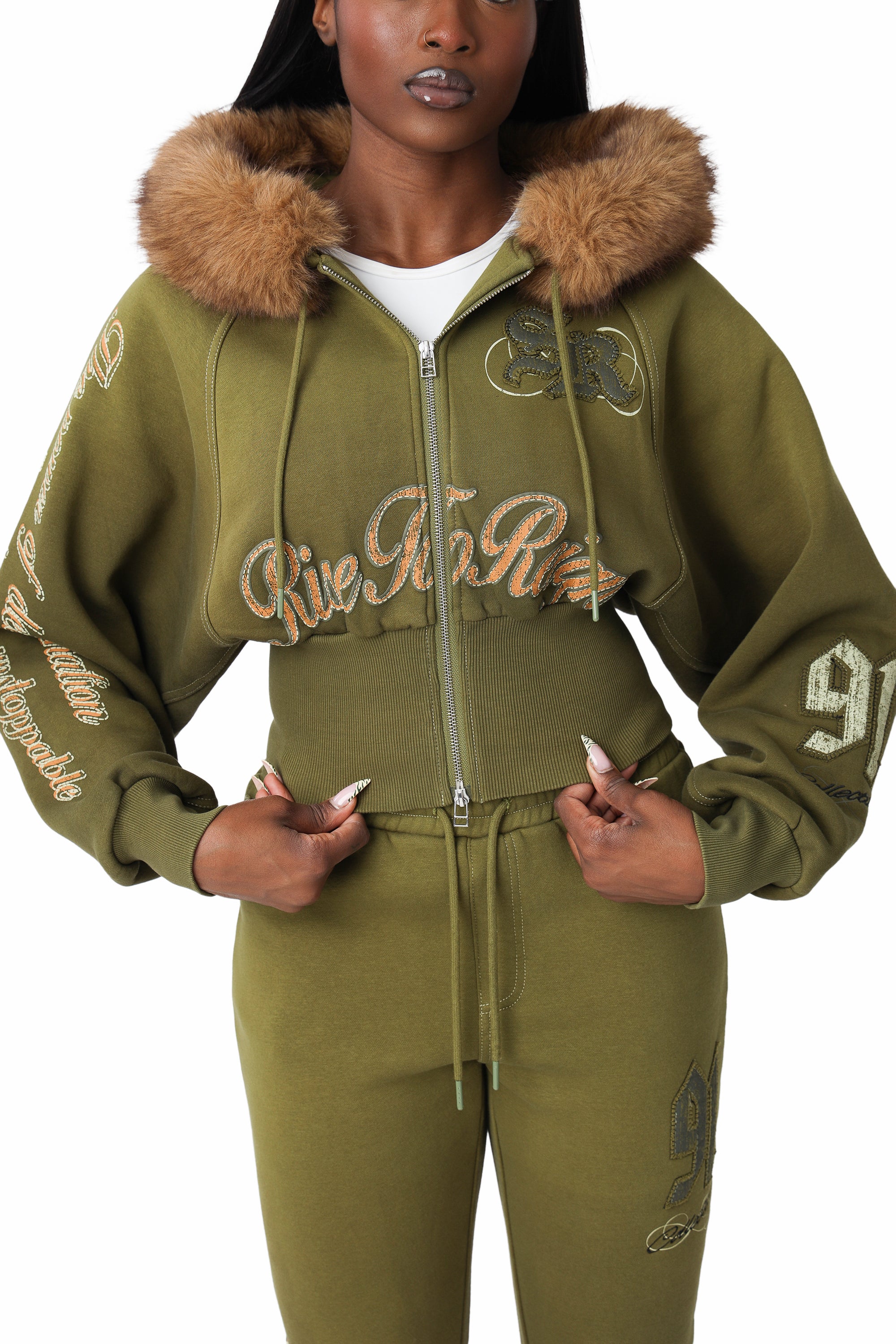 Faux Fur Contrast Stitch Hoodie - Avocado