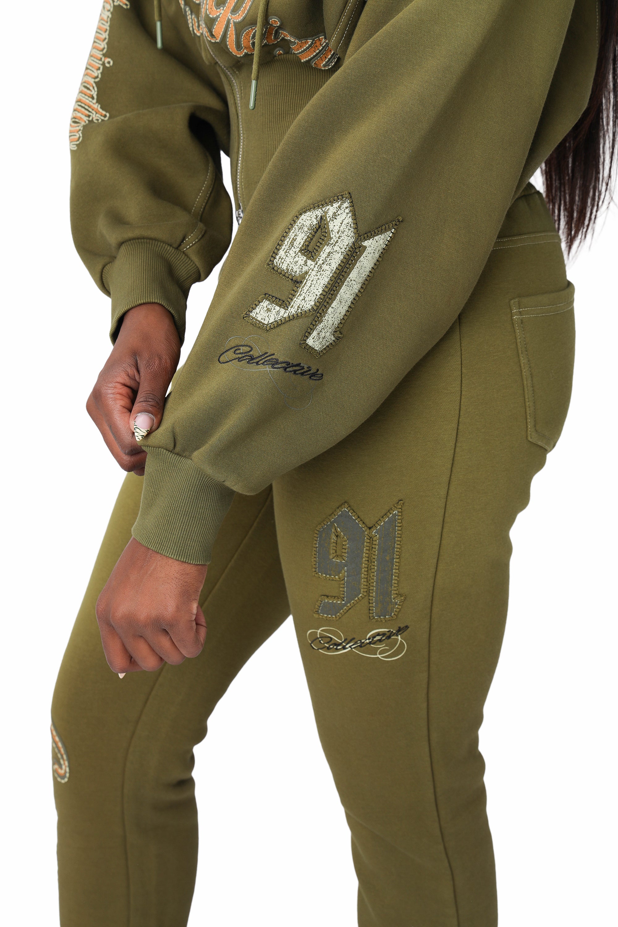 Faux Fur Contrast Stitch Hoodie - Avocado