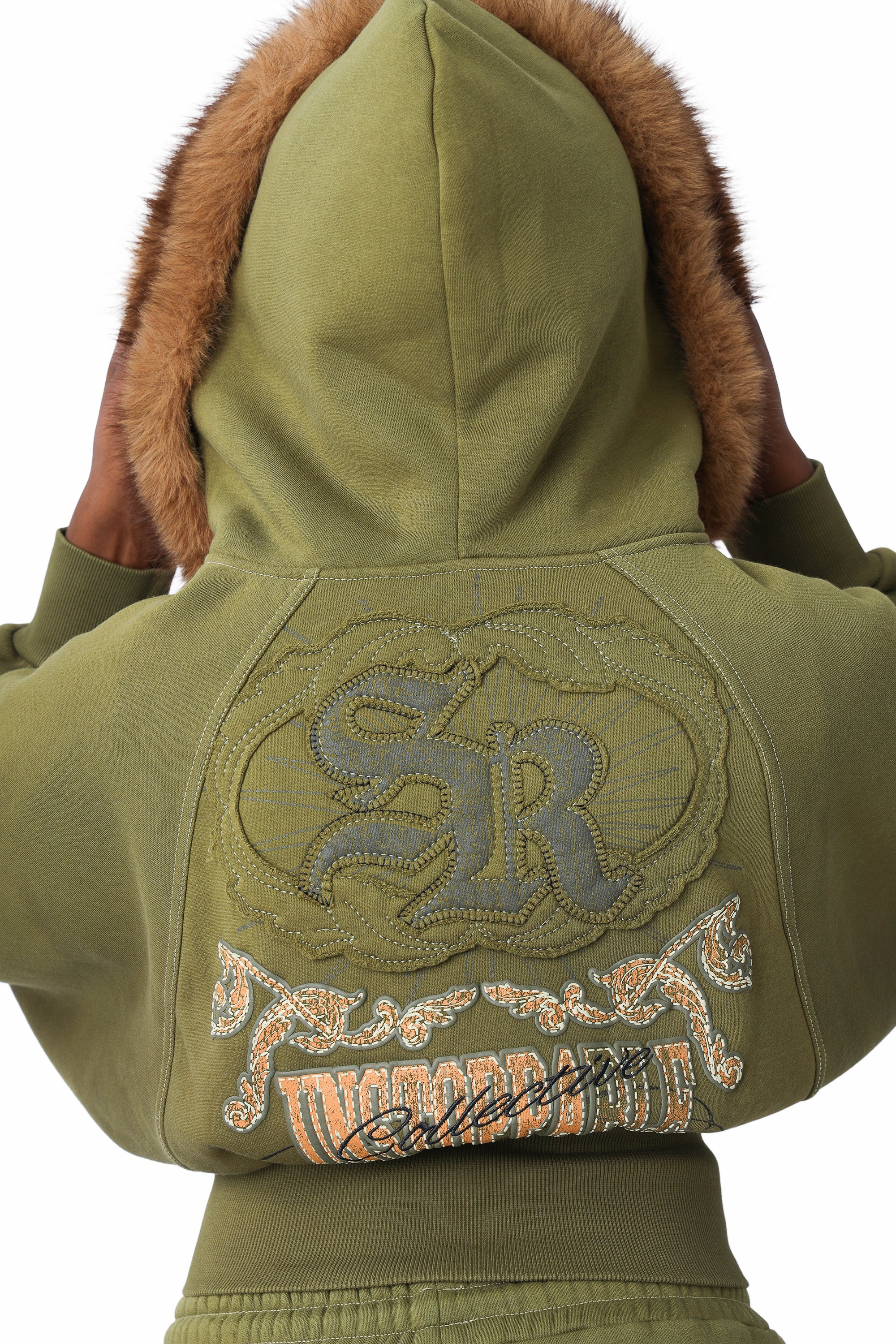 Faux Fur Contrast Stitch Hoodie - Avocado