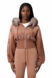Faux Fur Contrast Stitch Hoodie - Beaver Fur