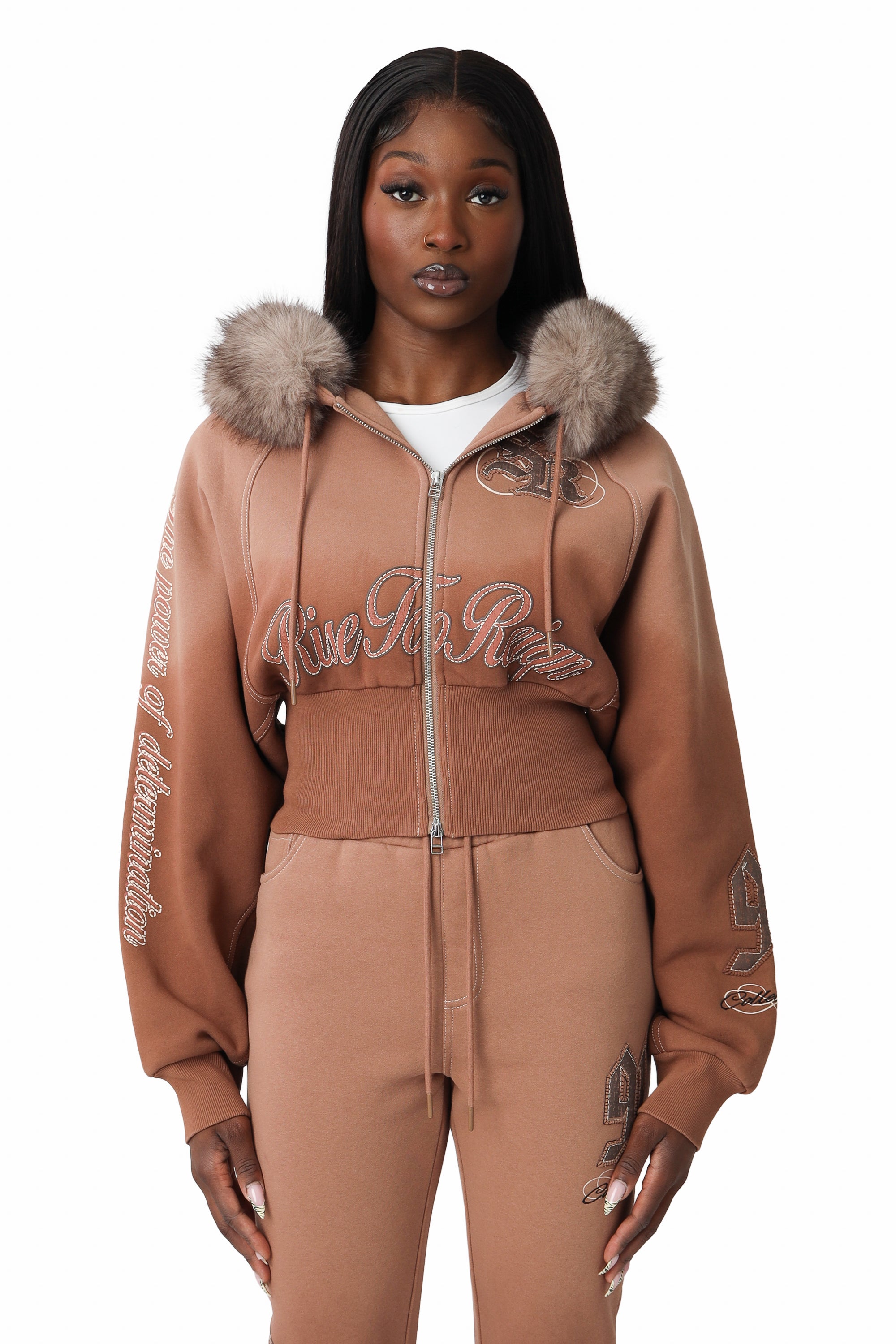 Faux Fur Contrast Stitch Hoodie - Beaver Fur