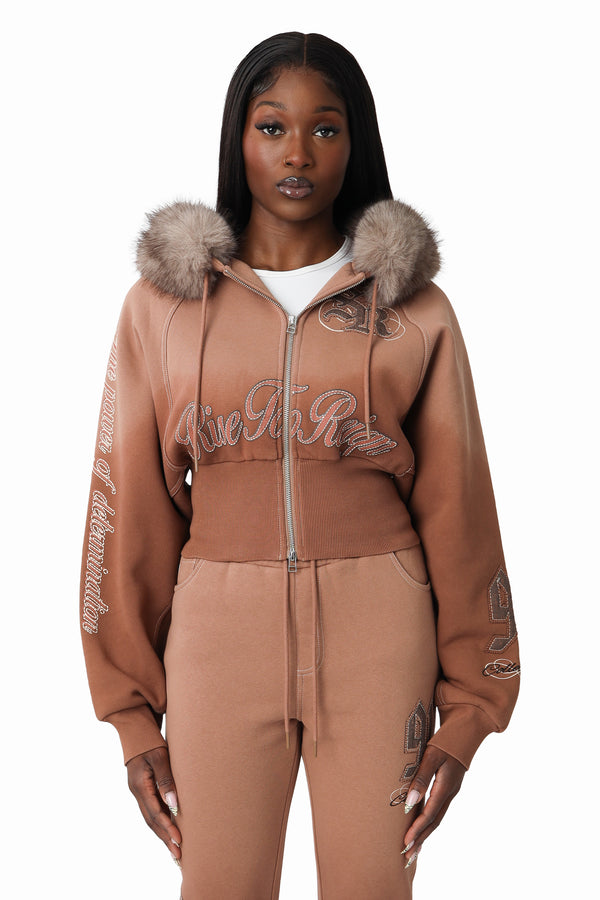 Faux Fur Contrast Stitch Hoodie - Beaver Fur