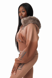 Faux Fur Contrast Stitch Hoodie - Beaver Fur