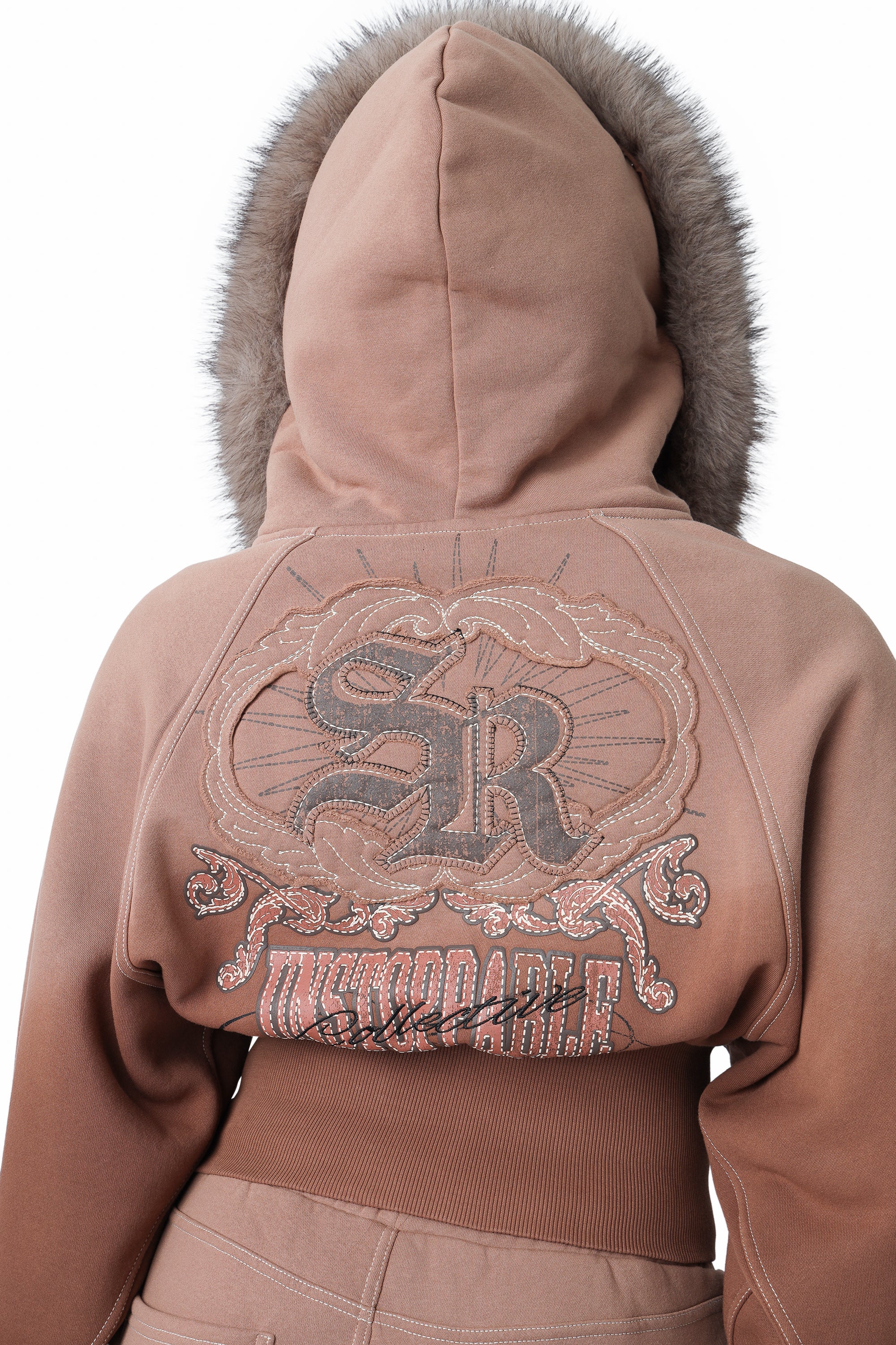 Faux Fur Contrast Stitch Hoodie - Beaver Fur