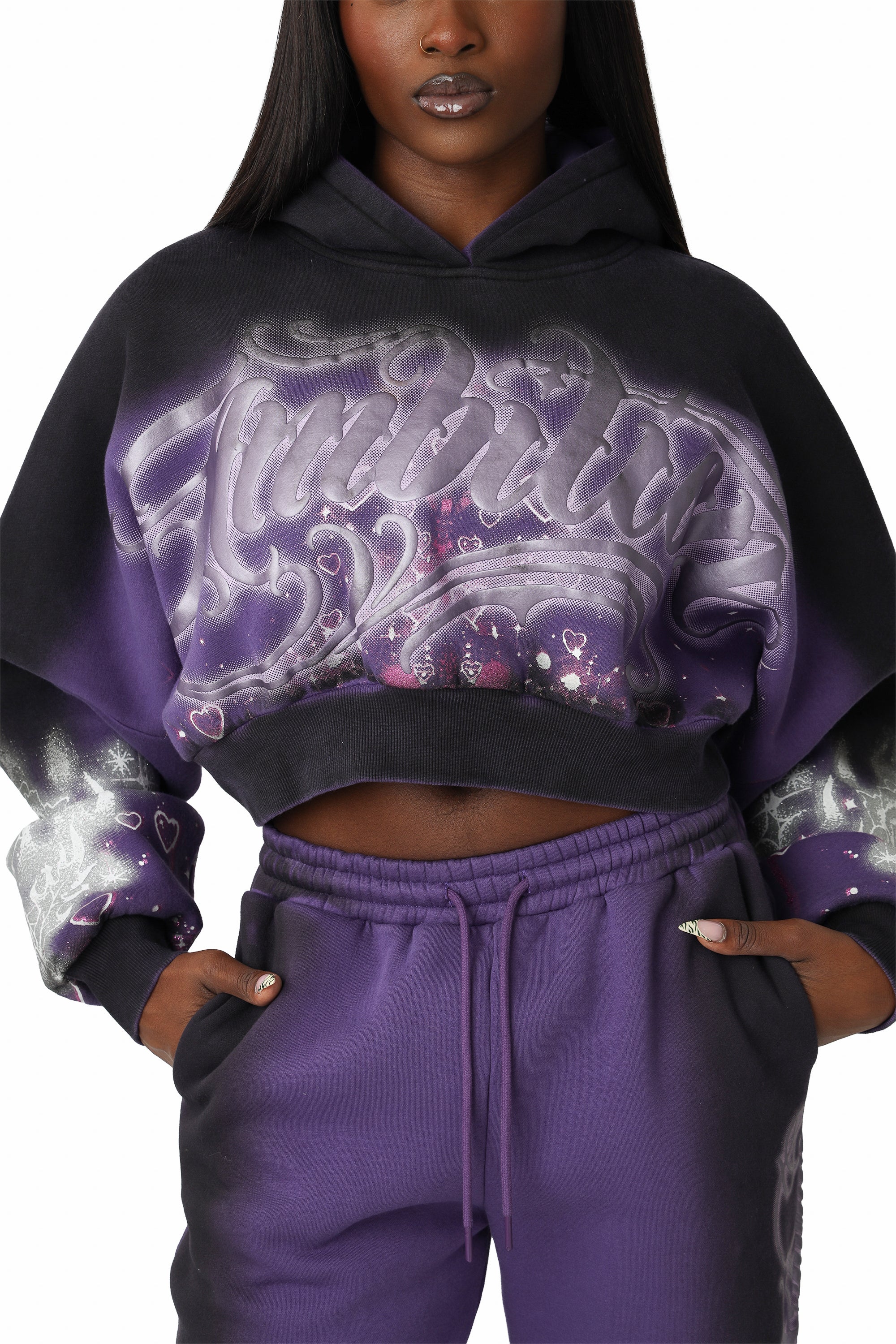 Oversprayed Glitter Printed Hoodie - Purple Reign
