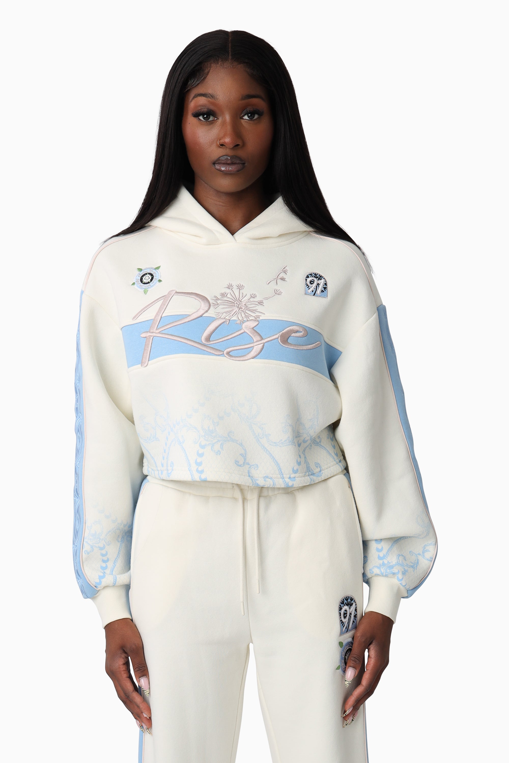 Embroidered Printed Hoodie - Gardenia
