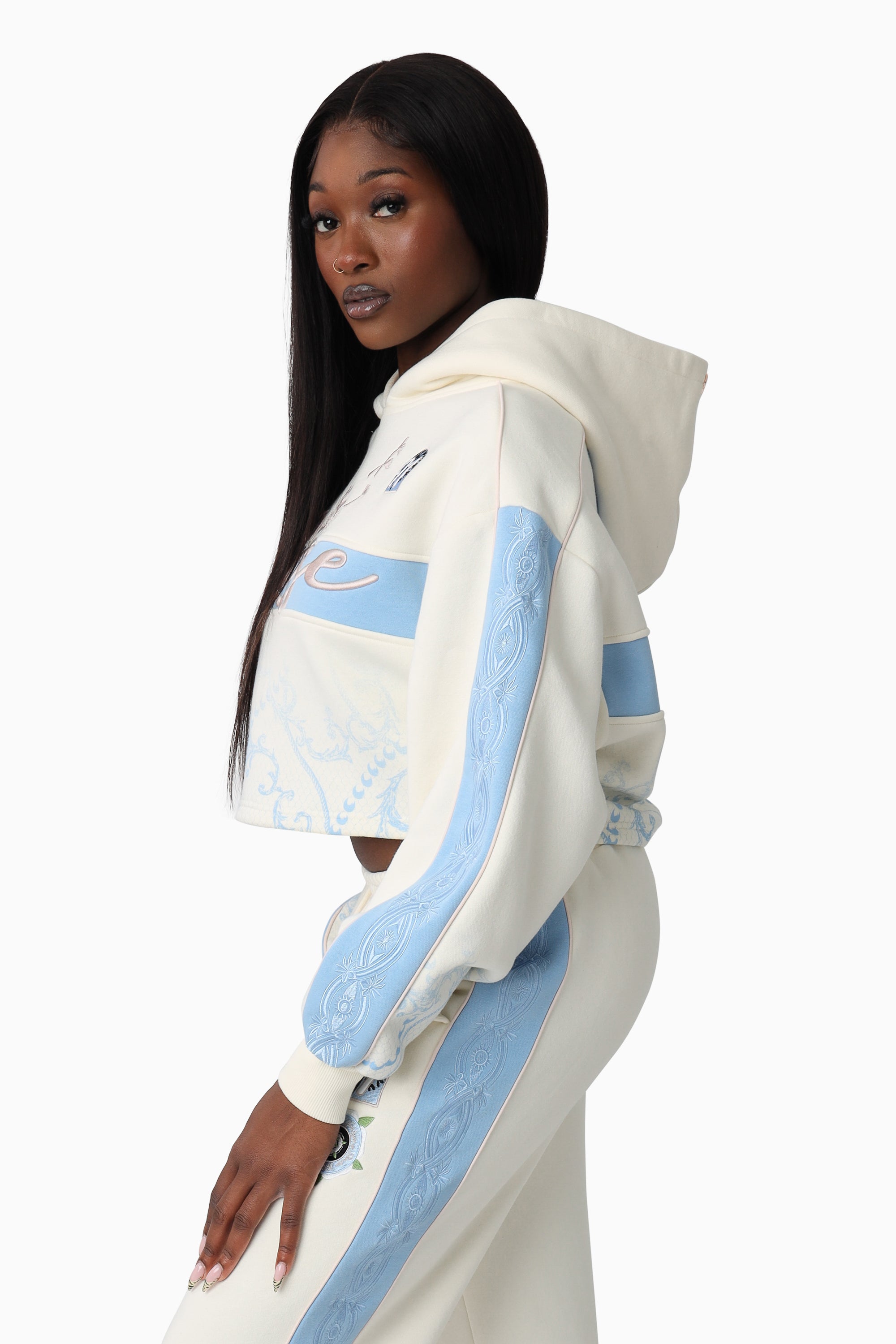 Embroidered Printed Hoodie - Gardenia